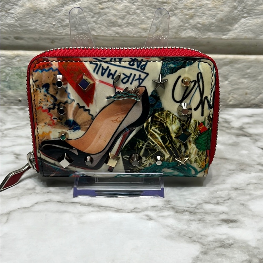 Christian Louboutin Multicolor Trash Print Patent Leather Mini Wallet. NWOT